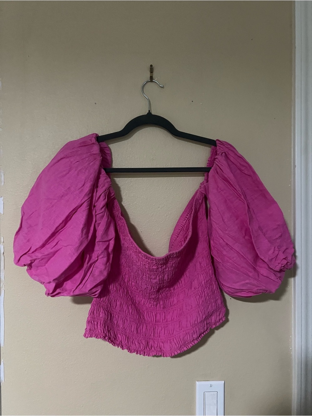 Pink Puff-Sleeve Smocked Women's Top